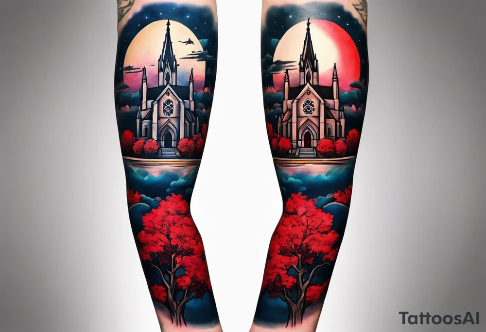 Full arm sleeve with multiple elements blended together. I want the Duke university chapel , cherry tree elements , red clouds from akatski , naruto or sauske , Atl skyline and captain C tattoo idea