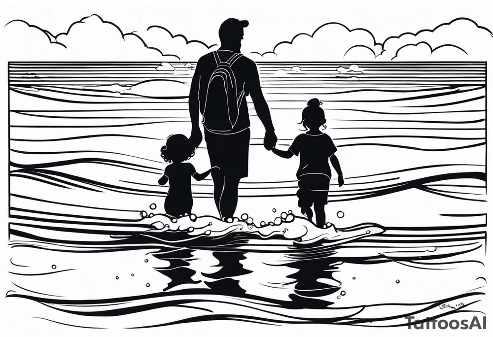 Black and white Line work tattoo with a dad and his two toddler daughters in the ocean. tattoo idea