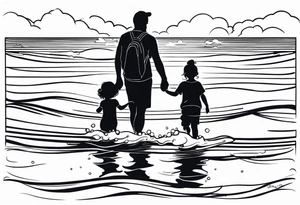 Black and white Line work tattoo with a dad and his two toddler daughters in the ocean. tattoo idea