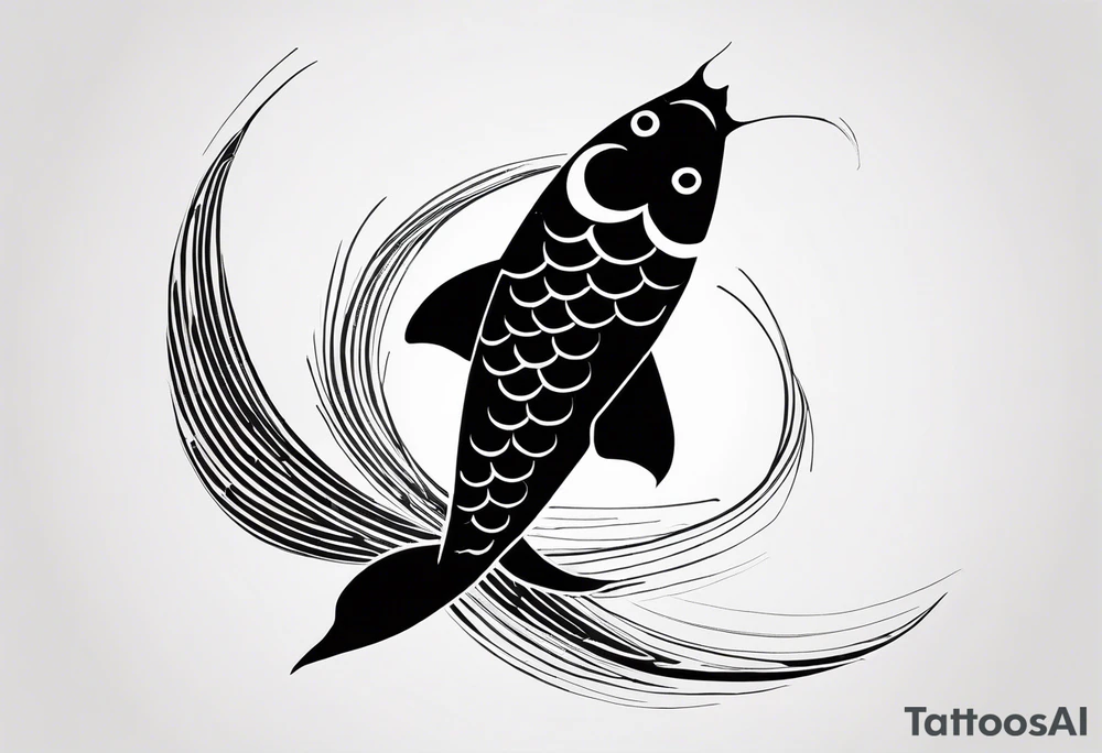 A black-and-white silhouette of a koi fish in a calligraphy style, viewed from above. The fish is intricately outlined with sharp, fluid lines, emphasizing its graceful, curved body. The koi fish is depicted with bold black and white contrasts, with simple, abstract shapes indicating where orange would normally be, but left as stark black and white outlines. The splash of water and ink blobs surrounding the fish are represented by bold, sweeping black shapes, with intricate details, giving the illusion of movement. The dark surface beneath the fish is solid black, providing a stark contrast to the white fish and water splashes. The overall composition is clean, with strong contrasts and no gradients, capturing the elegant fluidity of the koi in a minimalist, high-contrast silhouette. tattoo idea