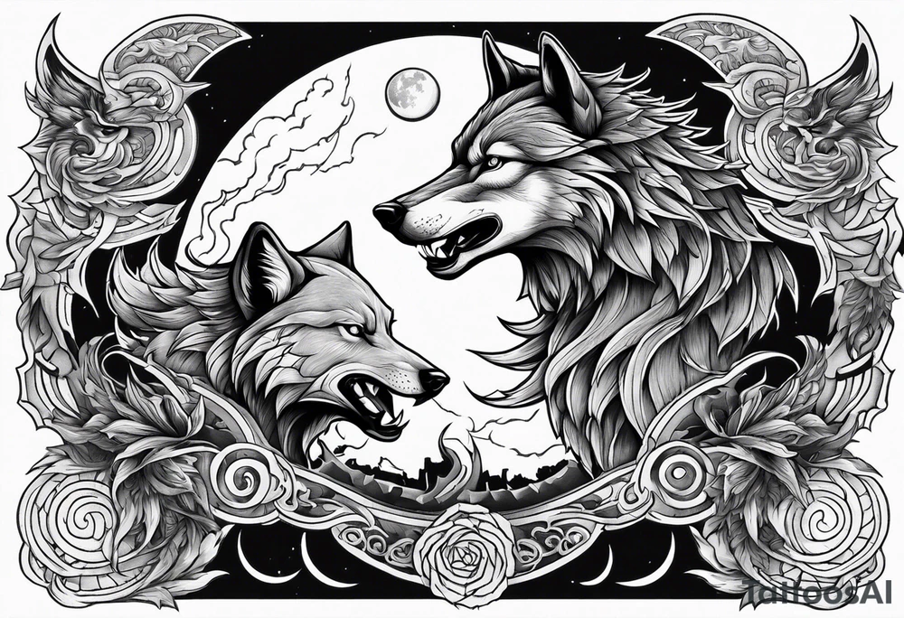 wolf with a dragon above the wolf and lightning and the moon in the background tattoo idea