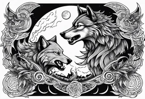 wolf with a dragon above the wolf and lightning and the moon in the background tattoo idea