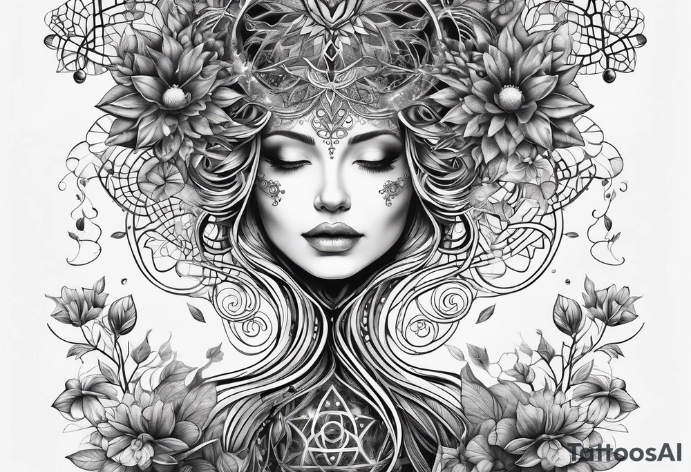 wooded floral psilocybin molecule sacred geometry feminine tree of life dna tattoo idea