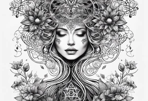 wooded floral psilocybin molecule sacred geometry feminine tree of life dna tattoo idea