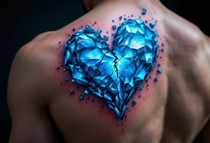 A heart made of blue ice, cracking apart, with glowing cyan shards floating around, representing a love turned cold tattoo idea