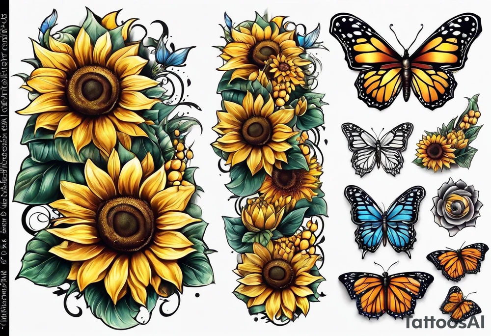 Sunflower and butterfly leg sleeve tattoo idea
