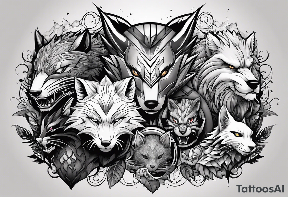 a super hero team which is combination of animals.
One is Badger/Wolverine One is Bull One is Wolf One is Axolotl One is Canary One is Lizard One is Cat tattoo idea