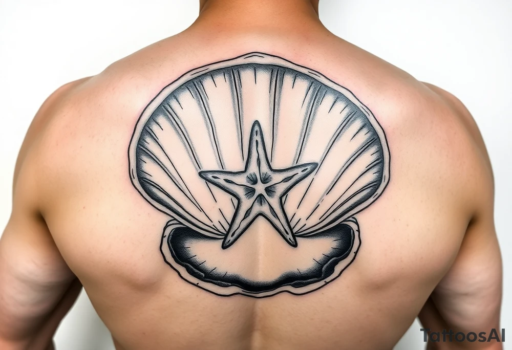 Open clamshell with starfish rendered in the art styles used during World War Two tattoo idea