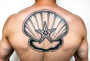 Open clamshell with starfish rendered in the art styles used during World War Two tattoo idea