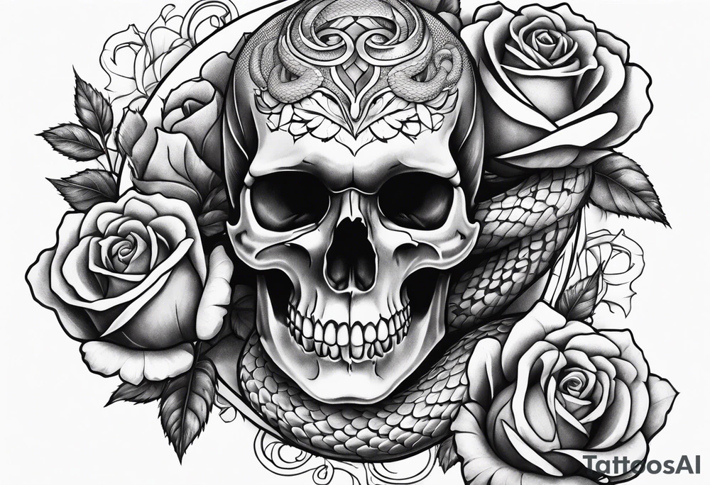A skull with a snake wrapped around it and roses bordering all of it tattoo idea