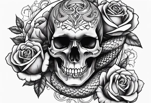 A skull with a snake wrapped around it and roses bordering all of it tattoo idea
