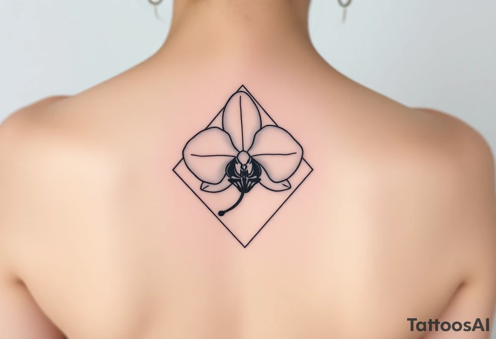 A single orchid flower drawn in fine-line style, with elegant curves and a subtle geometric frame tattoo idea