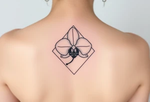 A single orchid flower drawn in fine-line style, with elegant curves and a subtle geometric frame tattoo idea