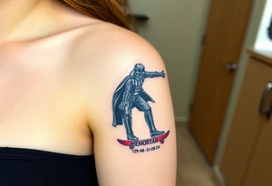 Darth Vader skateboarding >
blue & red
skateboard words "Darth Carter"
MEMORY 12/29/88-01/06/24 tattoo idea