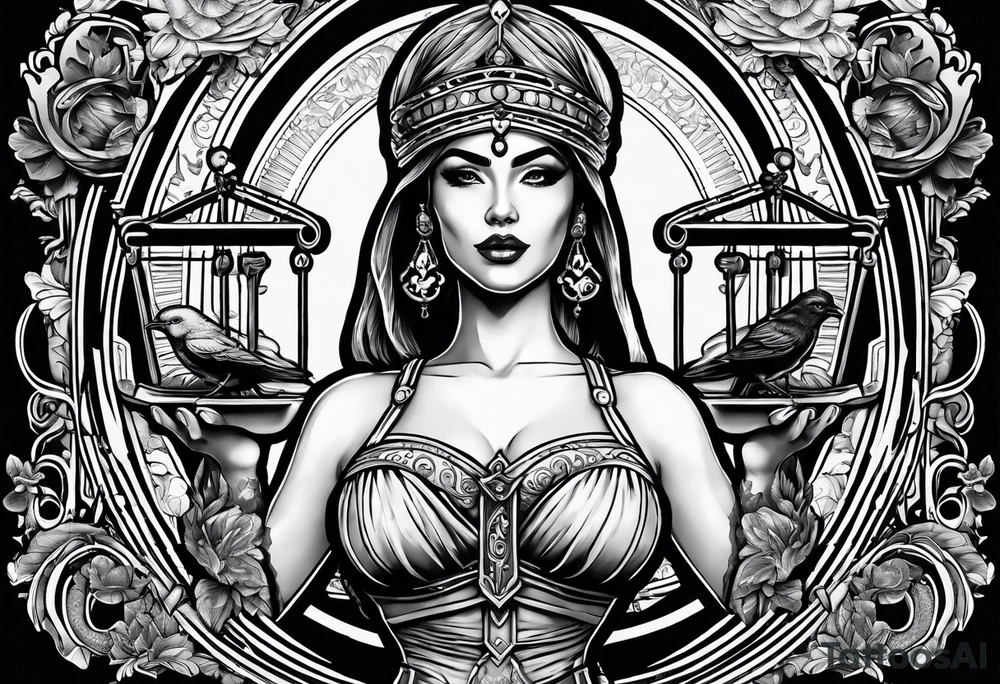A blindfolded woman holding scales, themed around justice and equality, with money on one side of the scale and a bird on the other. tattoo idea