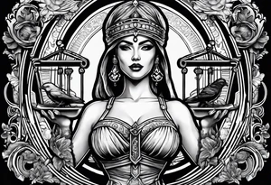 A blindfolded woman holding scales, themed around justice and equality, with money on one side of the scale and a bird on the other. tattoo idea