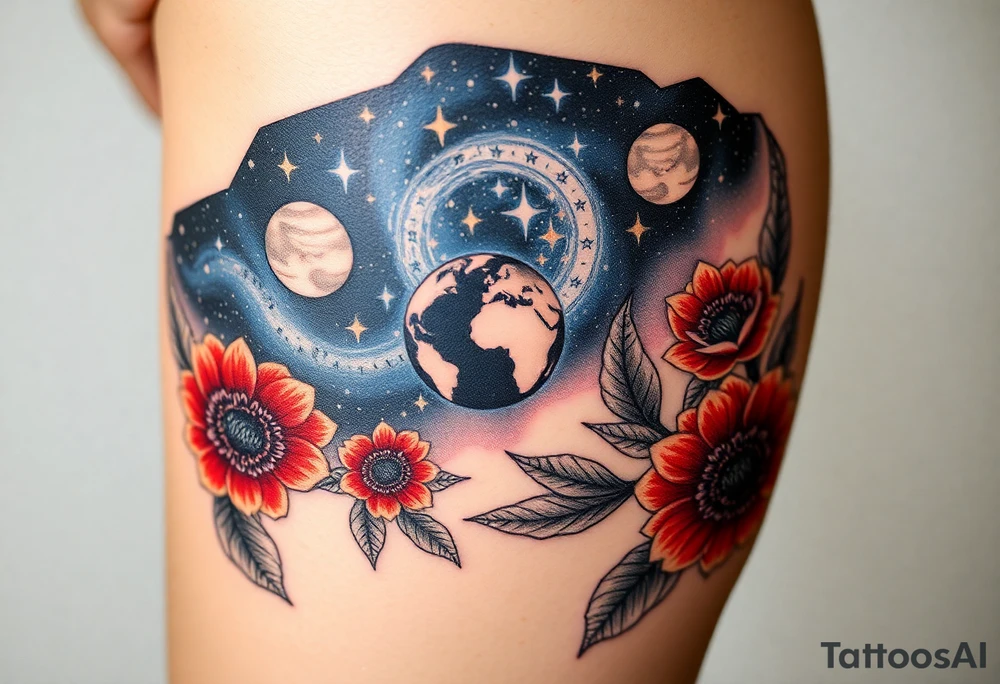 Milky way galaxy with planets with zodiac symbols and protection runes in it with red roses and sunflowers tattoo idea