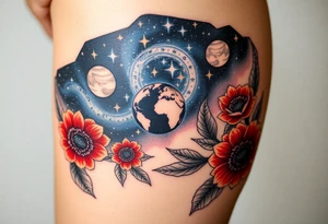 Milky way galaxy with planets with zodiac symbols and protection runes in it with red roses and sunflowers tattoo idea