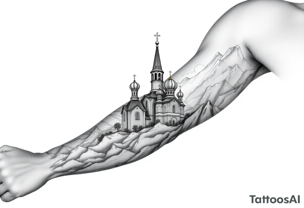 russian orthodox christian left arm tattoo with st basils cathederal in a mountainous setting with clouds tattoo idea