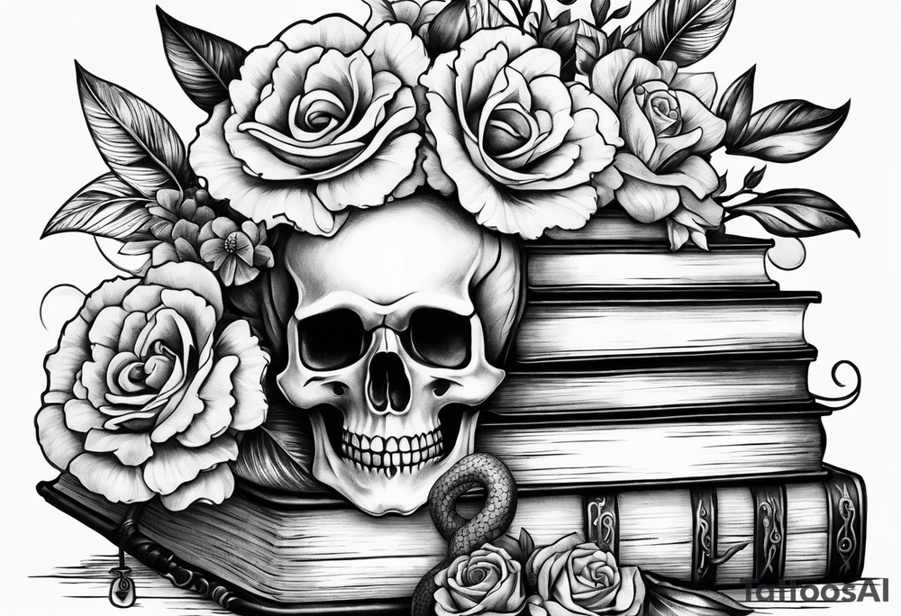 feminine tattoo of stacked books and flowers with a snake and skull tattoo idea