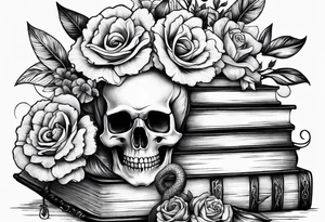 feminine tattoo of stacked books and flowers with a snake and skull tattoo idea