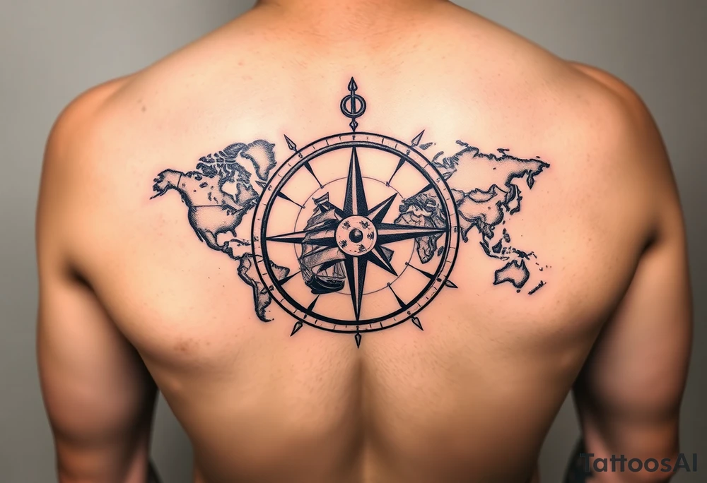 antique compass rose overlaid on weathered world map with sailing ships tattoo idea