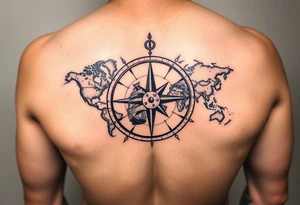 antique compass rose overlaid on weathered world map with sailing ships tattoo idea