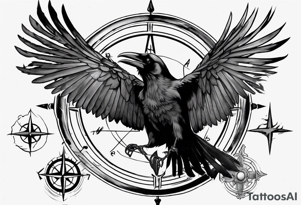 black raven with flying toward the foreground with a viking compass in the background tattoo idea
