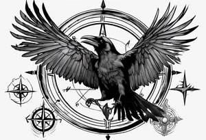 black raven with flying toward the foreground with a viking compass in the background tattoo idea