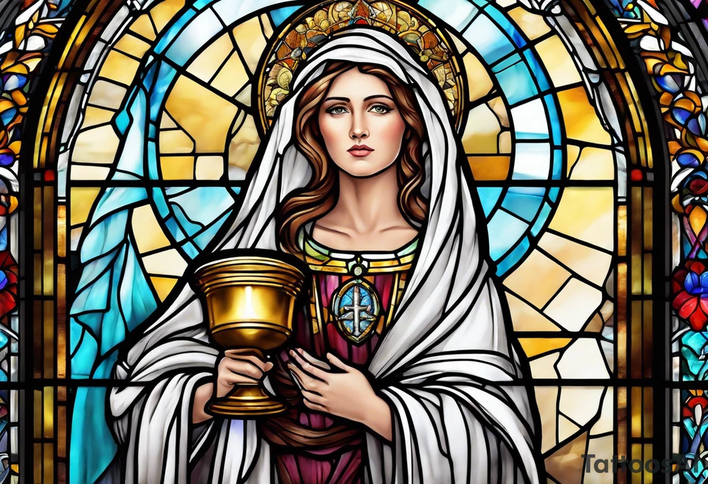 holy saint woman with halo stained glass holding a chalice with artillery tattoo idea
