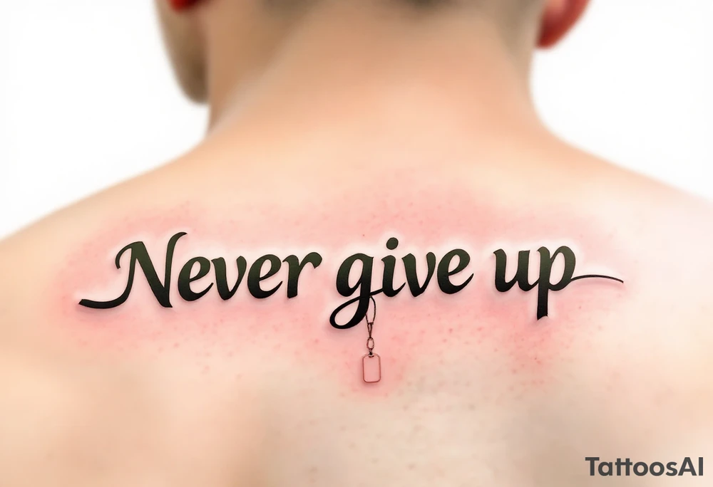 "Never give up" in military stencil font, in olive green with dog tags hanging from one letter. tattoo idea
