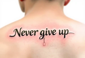 "Never give up" in military stencil font, in olive green with dog tags hanging from one letter. tattoo idea