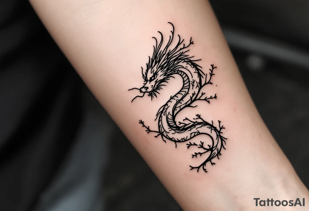 detailed dragon japanese style sakura trees abstract lines dark/rough aesthetic tattoo idea
