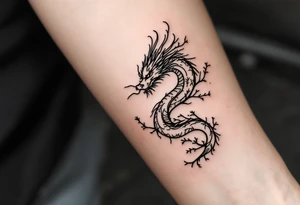 detailed dragon japanese style sakura trees abstract lines dark/rough aesthetic tattoo idea