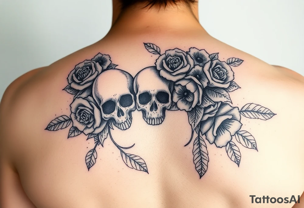 Dark gothic florals with skulls tattoo idea