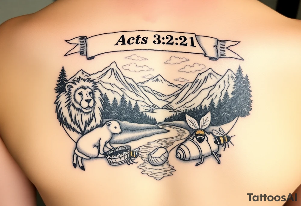 A beautiful heavenly mountain scene with a lake and river.  In it a lion, lamb, and a dove are protecting and playing with honeybees, a crown, a hammer, and a golden nugget.  An Acts 3:21 banner waves over the top of the scene tattoo idea