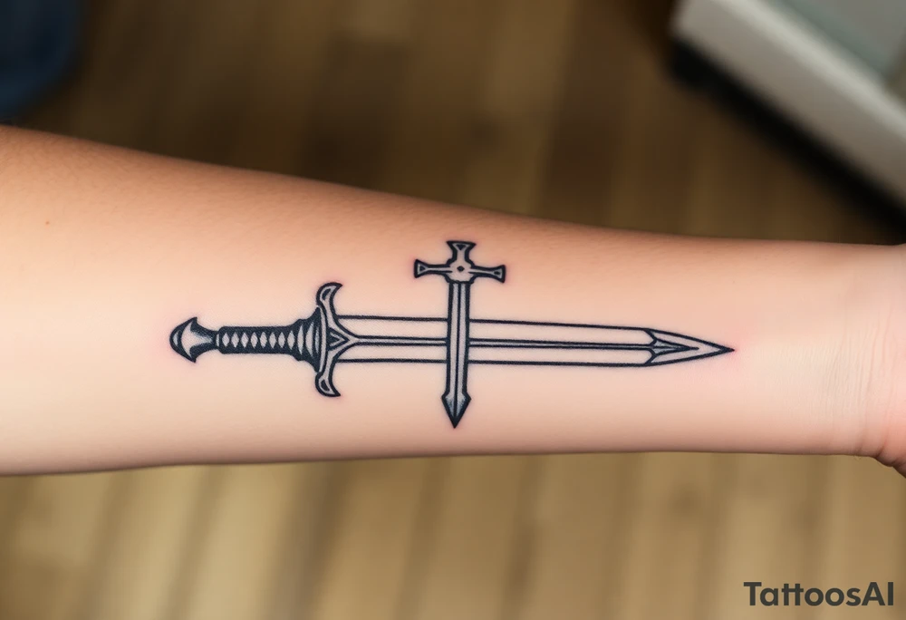 Give me a tattoo based on proverbs 27:17 about iron sharpening iron for me and the guys to get together probably two swords in it want a cross on the handle too I only want two swords at most no more than that and any biblical reference in it would be great tattoo idea