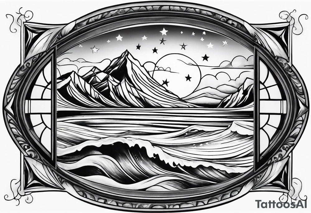 a dimaond windows with waves crashing on a mountain. 3 stars in the sky tattoo idea