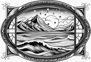 a dimaond windows with waves crashing on a mountain. 3 stars in the sky tattoo idea
