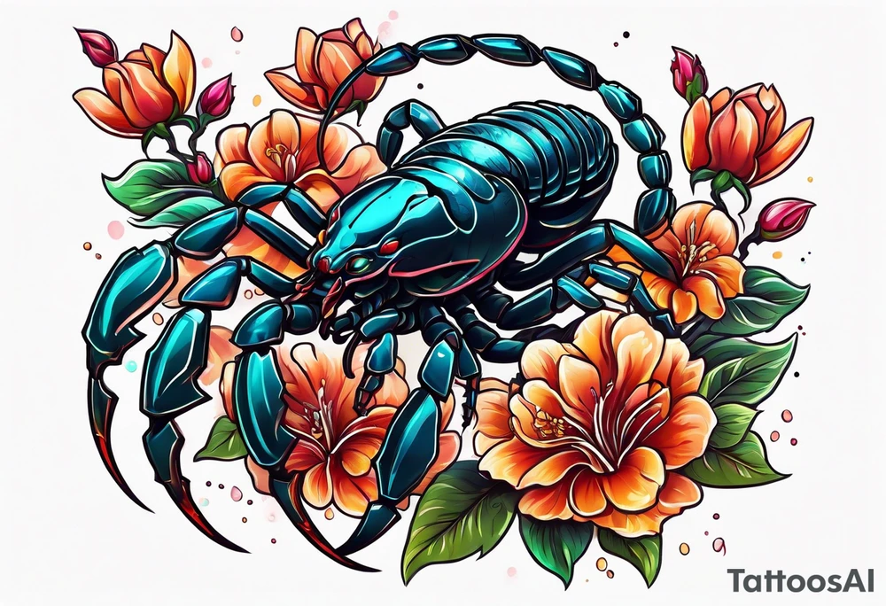 futuristic scorpion animation with flowers bloody tattoo idea
