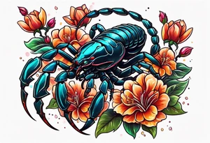 futuristic scorpion animation with flowers bloody tattoo idea