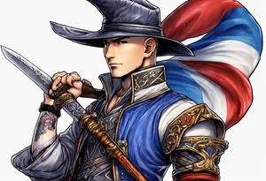 Zidane from Final Fantasy Xi's dagger wrapped in a trans flag with Vivi's hat as a keychain hanging on the hilt tattoo idea