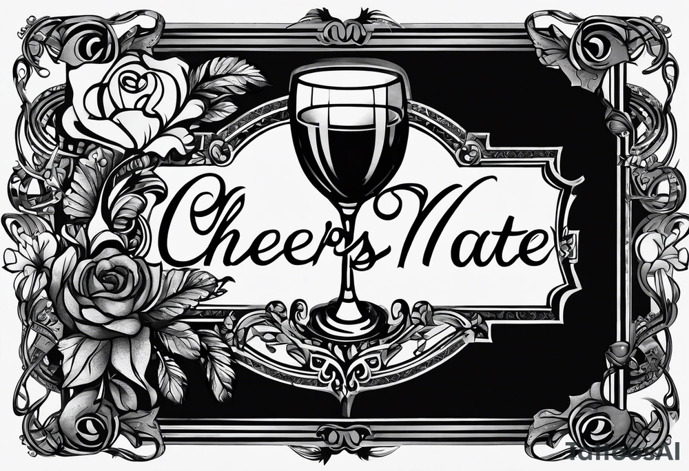 "Cheers Mate" text black and grey ink armband, intricate, artistic +abstract +grey Cancer Ribbon +toasting bourbon glass tattoo idea