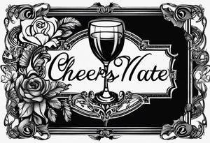 "Cheers Mate" text black and grey ink armband, intricate, artistic +abstract +grey Cancer Ribbon +toasting bourbon glass tattoo idea