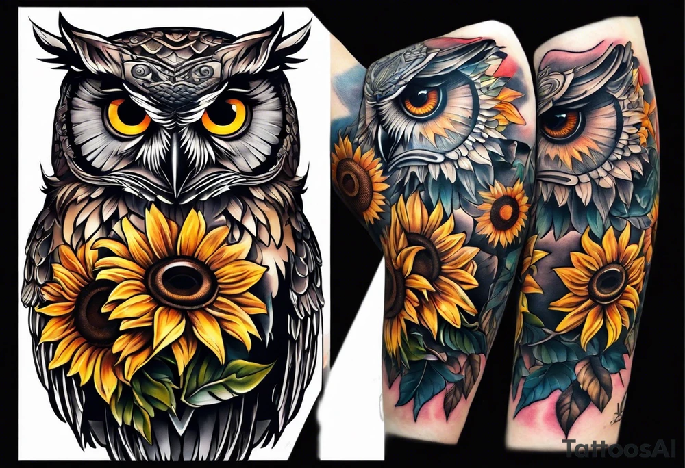 Arm sleeve with owl and sunflowers tattoo idea