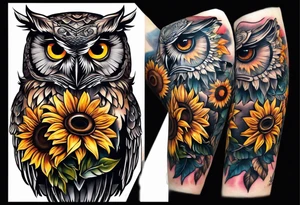 Arm sleeve with owl and sunflowers tattoo idea