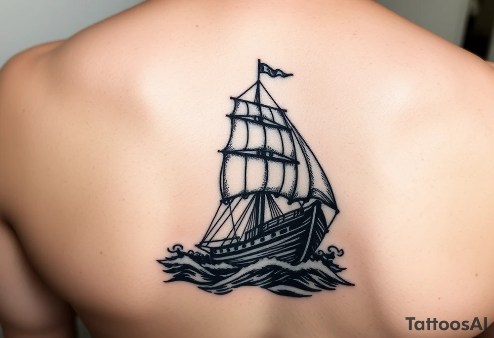 Stern of a pirate ship sailing through stormy seas, dramatic lighting. tattoo idea