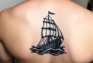 Stern of a pirate ship sailing through stormy seas, dramatic lighting. tattoo idea