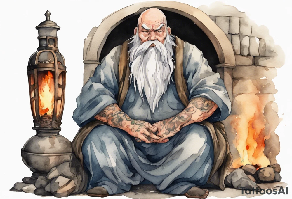 a large Medieval man with a grey beard scowling sitting by the hearth tattoo idea