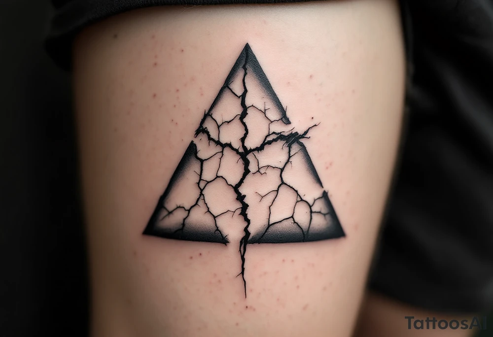 A broken triangle in gray ink with cracked textures, representing resilience and healing. tattoo idea